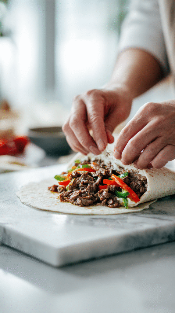 Rolling Keto Philly Cheesesteak Rolls with cheese wrap