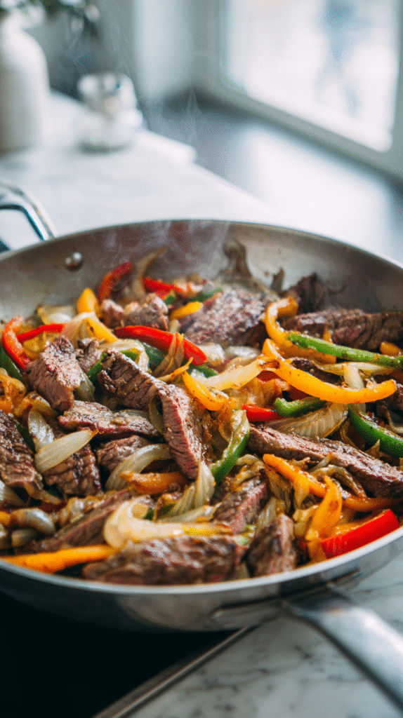 Searing beef, onions, and peppers for Keto Philly Cheesesteak Rolls