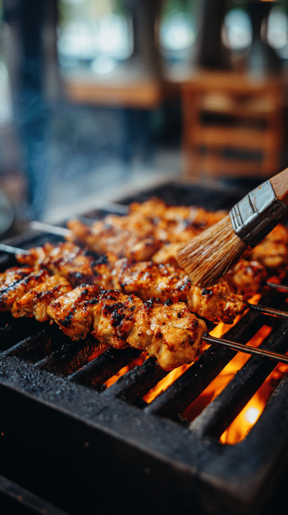 Thai chicken skewers grilling with char marks and marinade