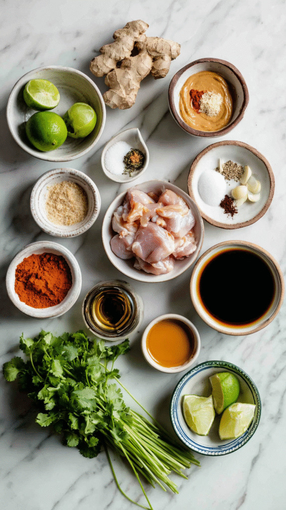 Thai chicken skewers ingredients flat lay