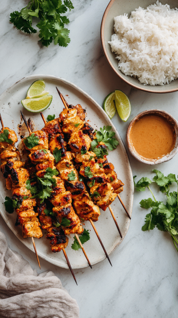 Thai chicken skewers grilling with char marks and marinade