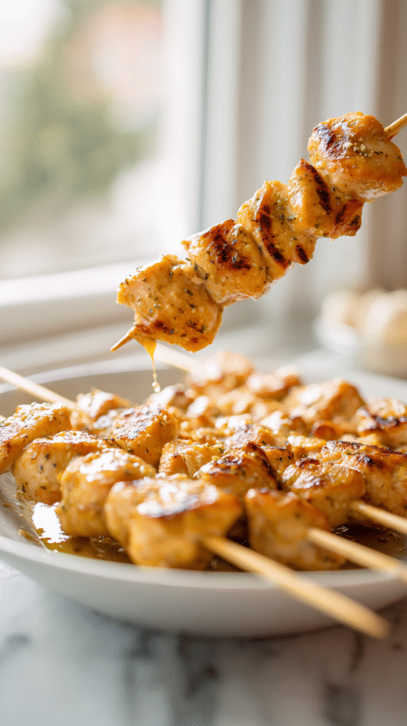 Threading marinated chicken onto skewers