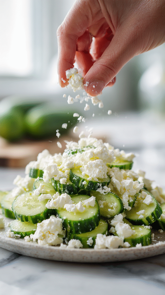 adding feta cheese to cucumber salad