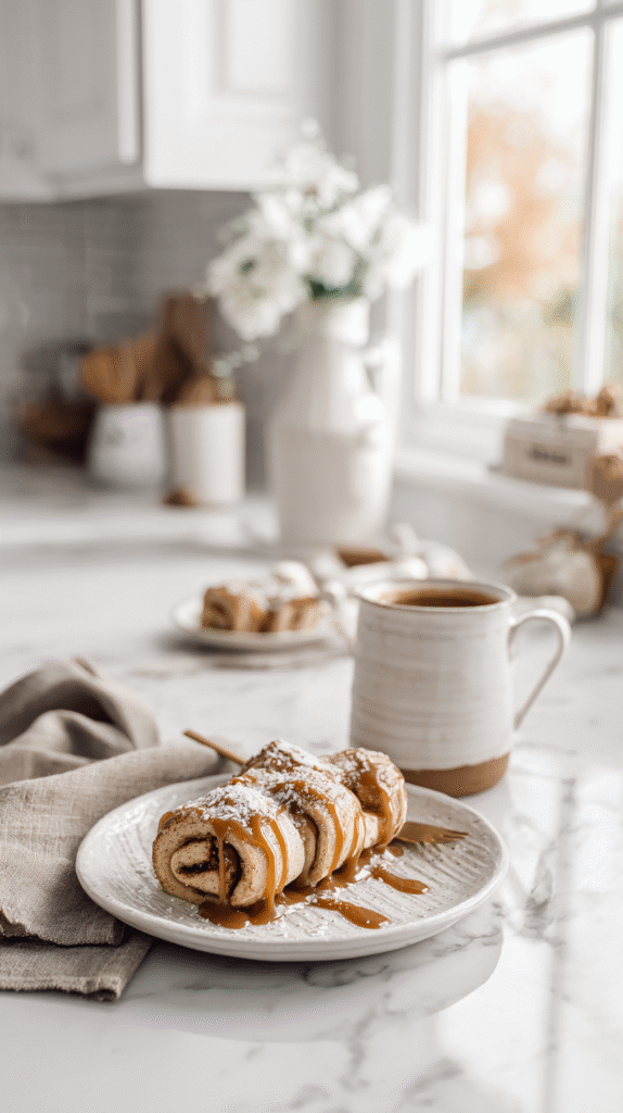 Serving keto cinnamon cream roll-ups with coffee