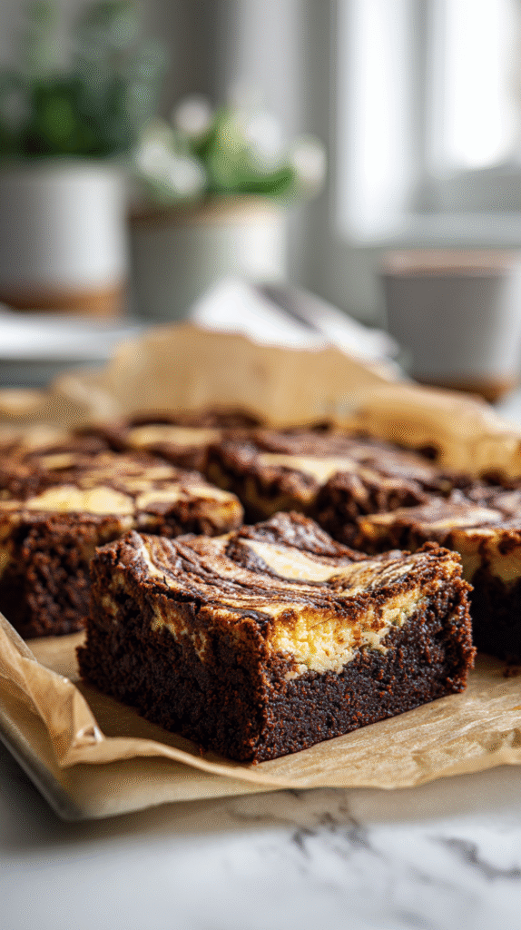 Freshly baked keto cheesecake brownies in pan with swirl pattern