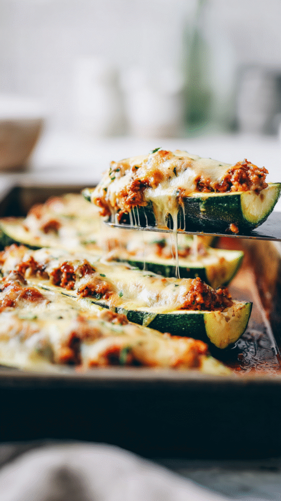 baked ground beef zucchini boats with golden cheese