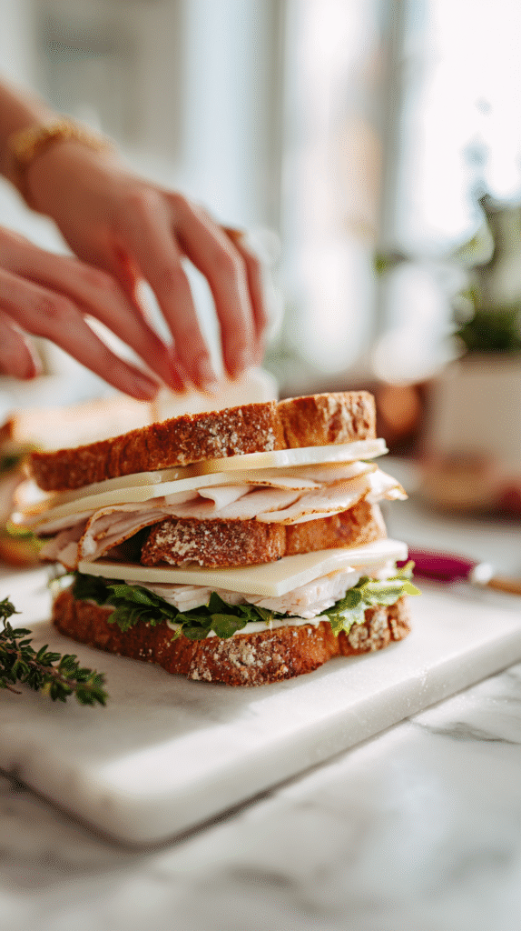 layering brie cheese over roasted turkey for gourmet turkey brie sandwich
