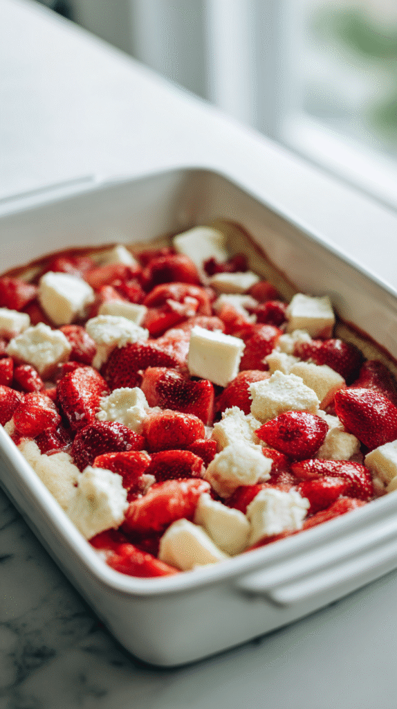 Assembling keto strawberry cream cheese cobbler sugar free with strawberries,