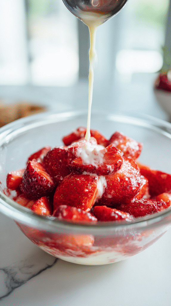 Mixing strawberries with monk fruit sweetener for keto strawberry cream cheese cobbler sugar free