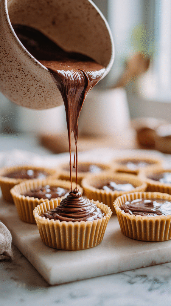 pouring peanut butter chocolate mixture into molds for keto fat bombs
