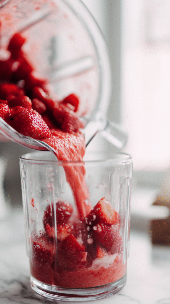 Pureeing strawberries in blender for keto mousse