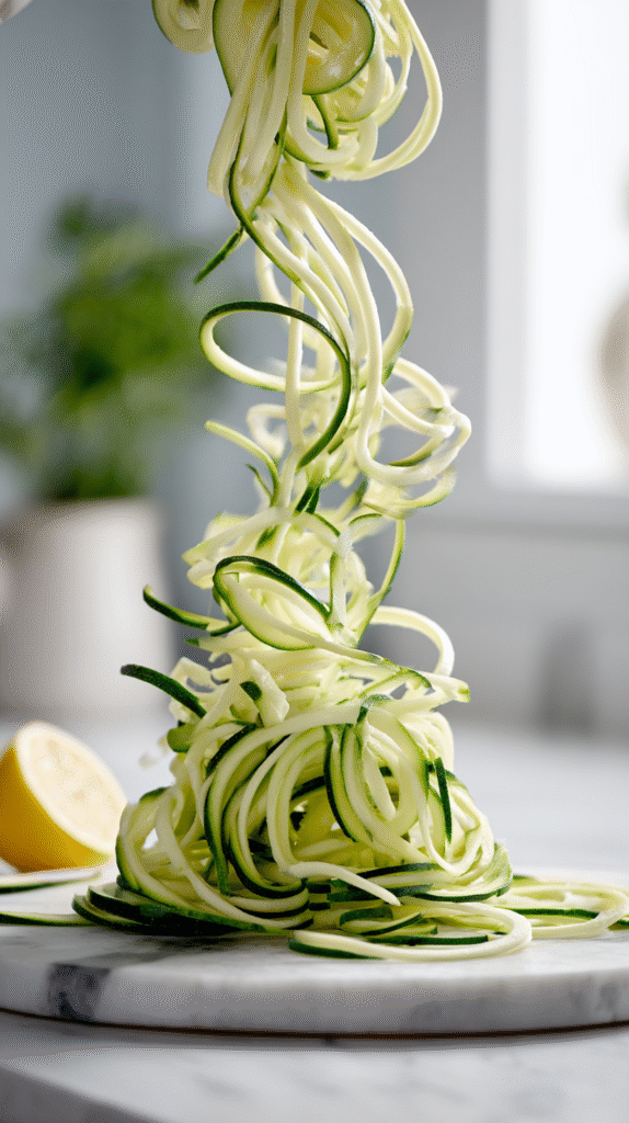 spiralizing zucchini into fresh zucchini noodles