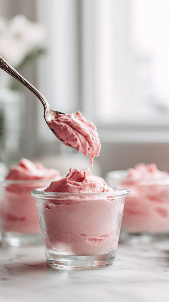 Spoonful of keto strawberry mousse being placed into glass ramekin