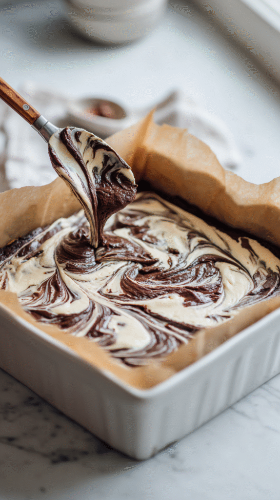 Swirling cheesecake layer into keto brownie batter