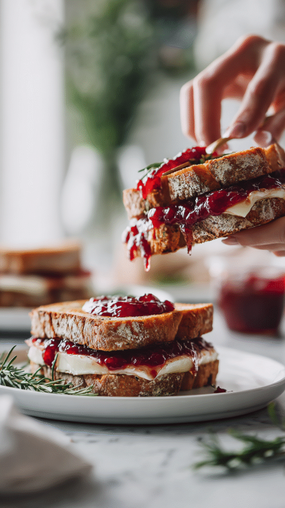 spreading cranberry sauce on sourdough bread for gourmet turkey brie sandwich