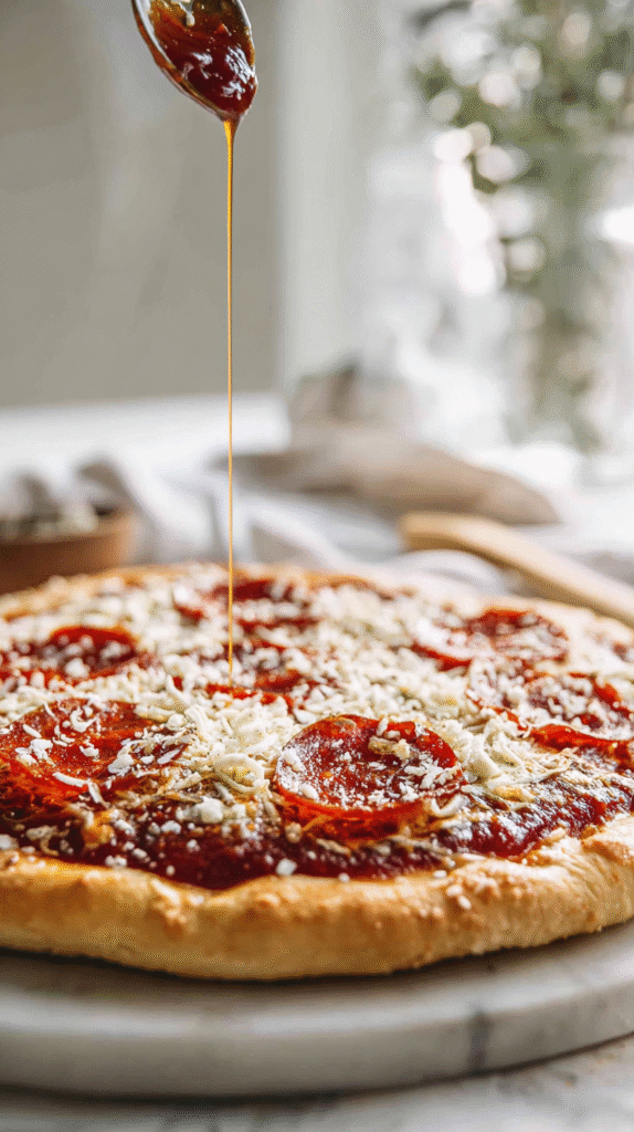adding marinara, cheese, and toppings to keto crustless pizza skillet
