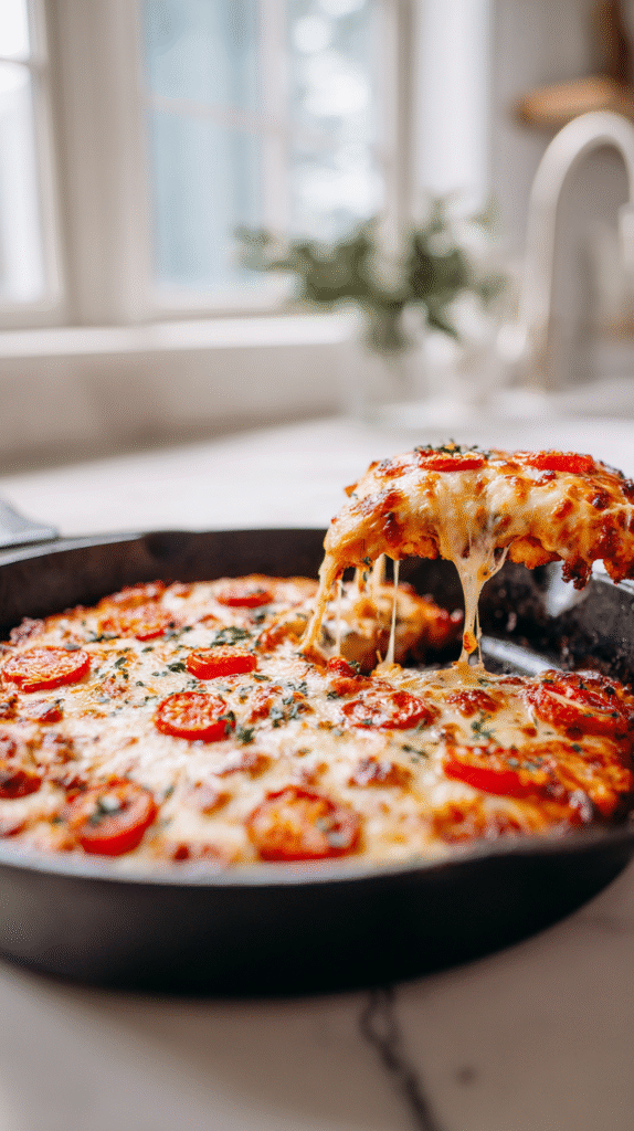 baked keto crustless pizza skillet fresh from oven