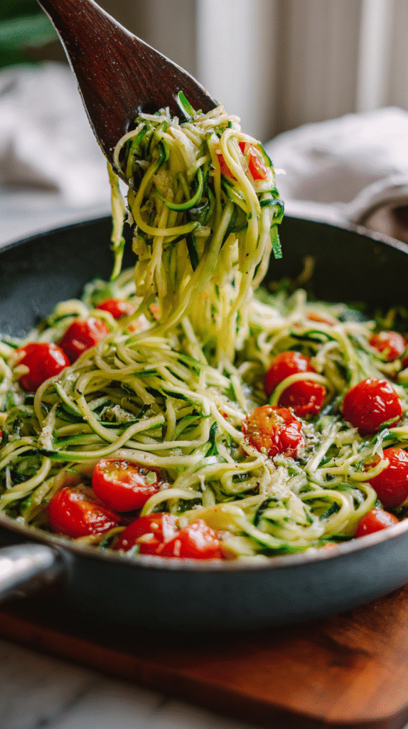 tossing zucchini noodles with garlic and cherry tomatoes in skillet