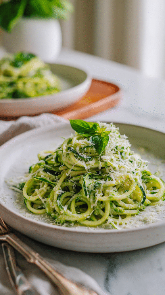 serving bowl of fresh zucchini noodle pasta with parmesan and basil