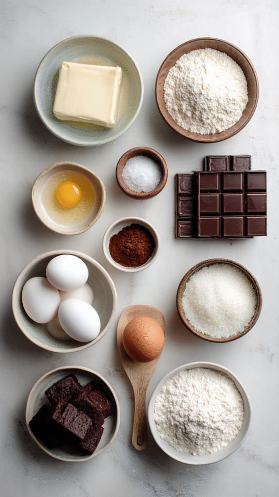 Ingredients for keto cheesecake brownies on marble countertop