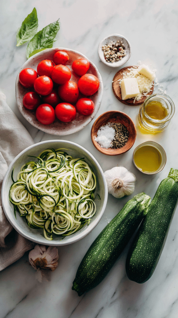 zucchini noodle pasta ingredients flat lay on marble countertop