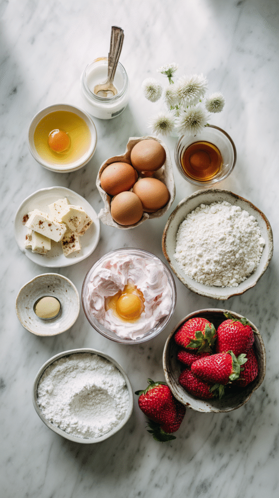 Ingredients for keto strawberry mousse laid out on marble countertop