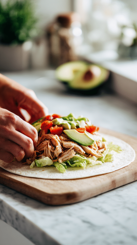 assembling chicken avocado burritos with avocado and chicken