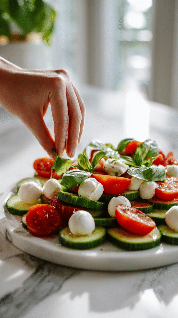 assembling cucumber Caprese salad with mozzarella and basil