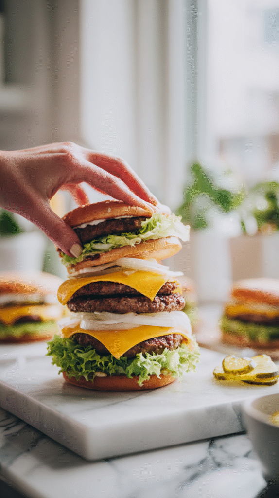 assembling keto big mac smash burger stack
