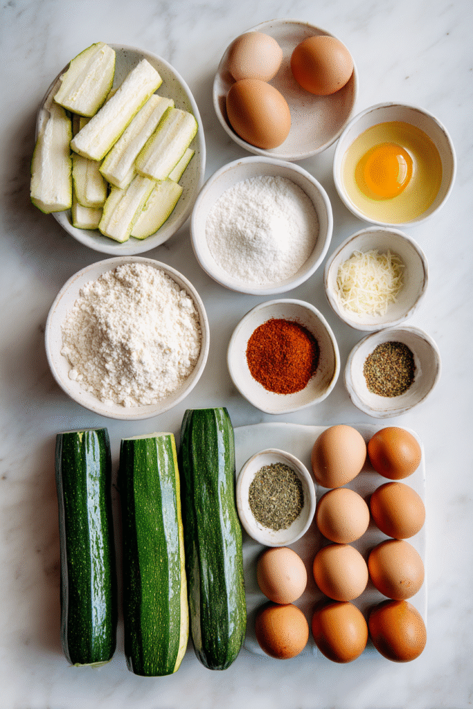 baked zucchini fries ingredients on marble countertop