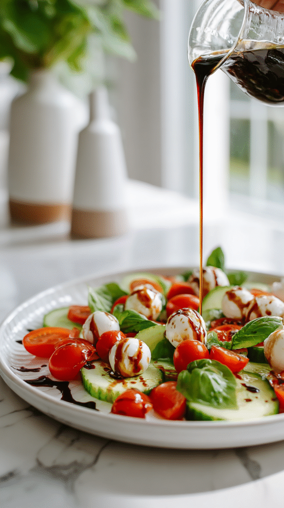 balsamic glaze drizzled over cucumber Caprese salad