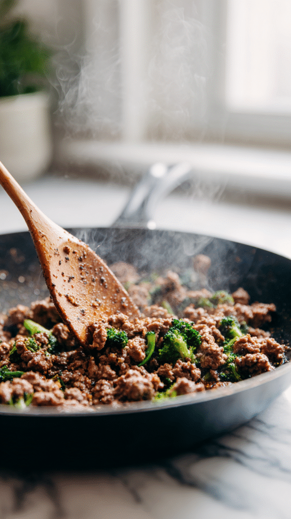 browning ground beef for keto hamburger broccoli skillet