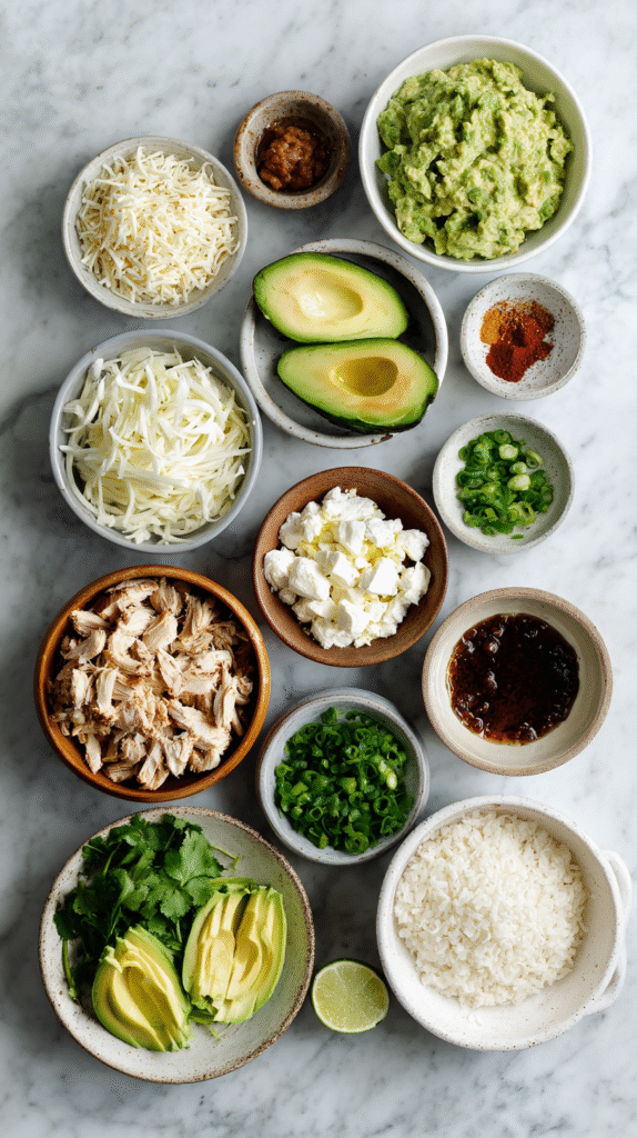 chicken avocado burritos ingredients flat lay