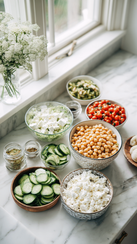 chickpea cucumber feta salad ingredients on marble countertop