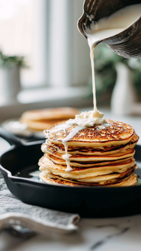 cottage cheese pancake batter cooking in skillet