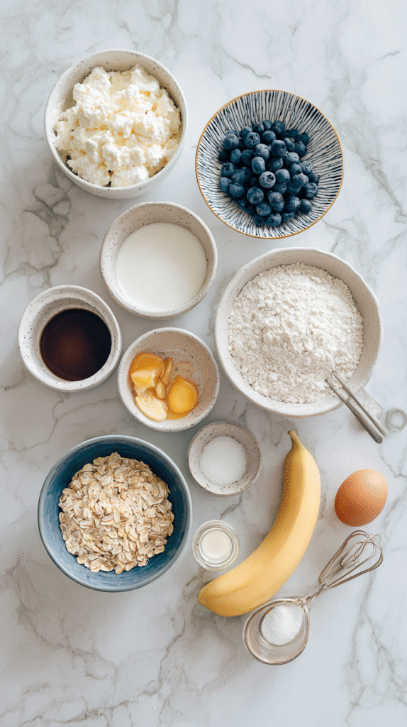 cottage cheese pancake ingredients flat lay on marble countertop