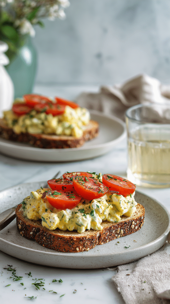 creamy avocado egg salad on toast with tomato slices