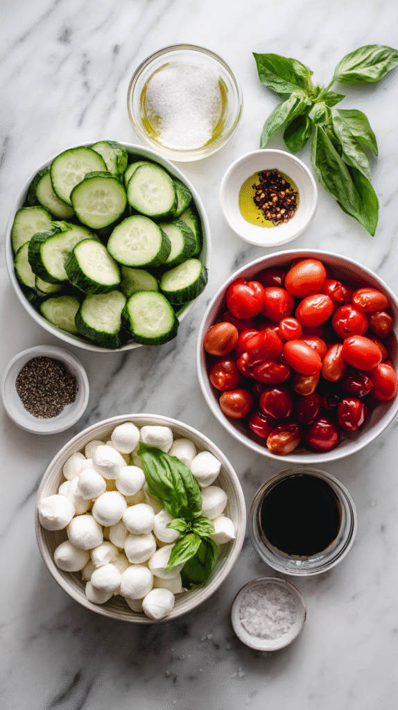 cucumber Caprese salad ingredients on marble countertop