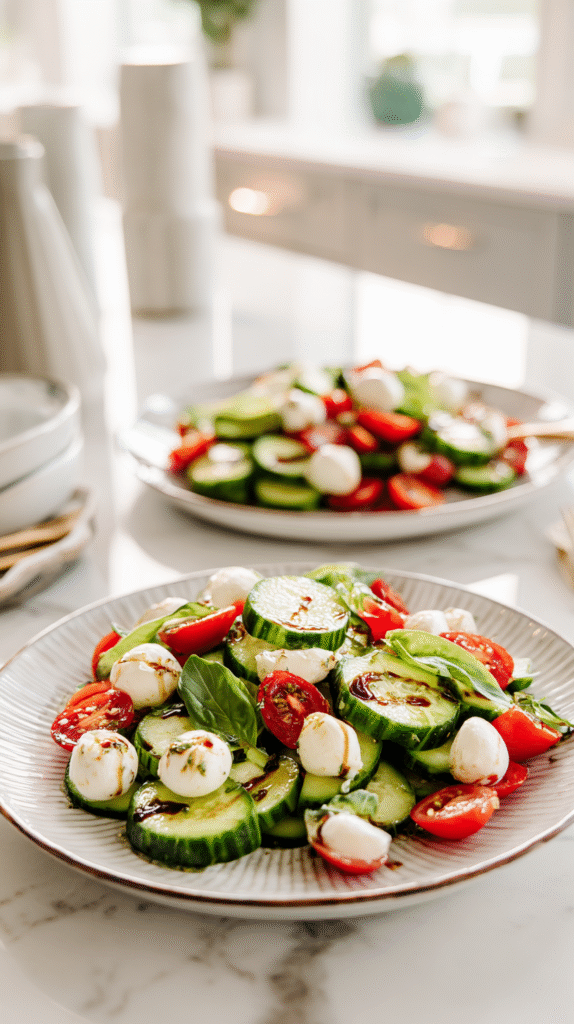 cucumber Caprese salad served with basil and balsamic glaze
