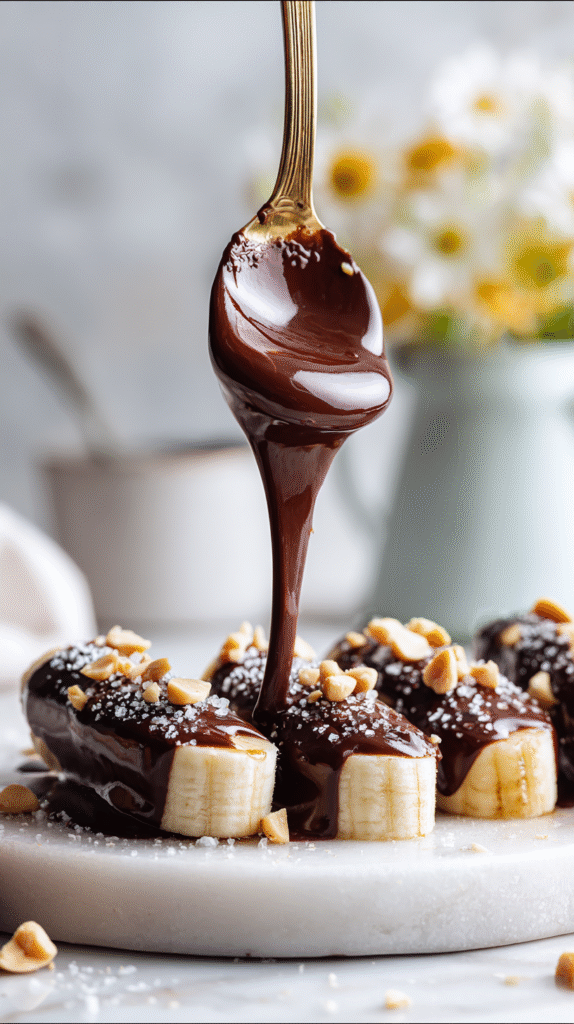 dipping frozen banana sandwiches into dark chocolate for Snickers bites