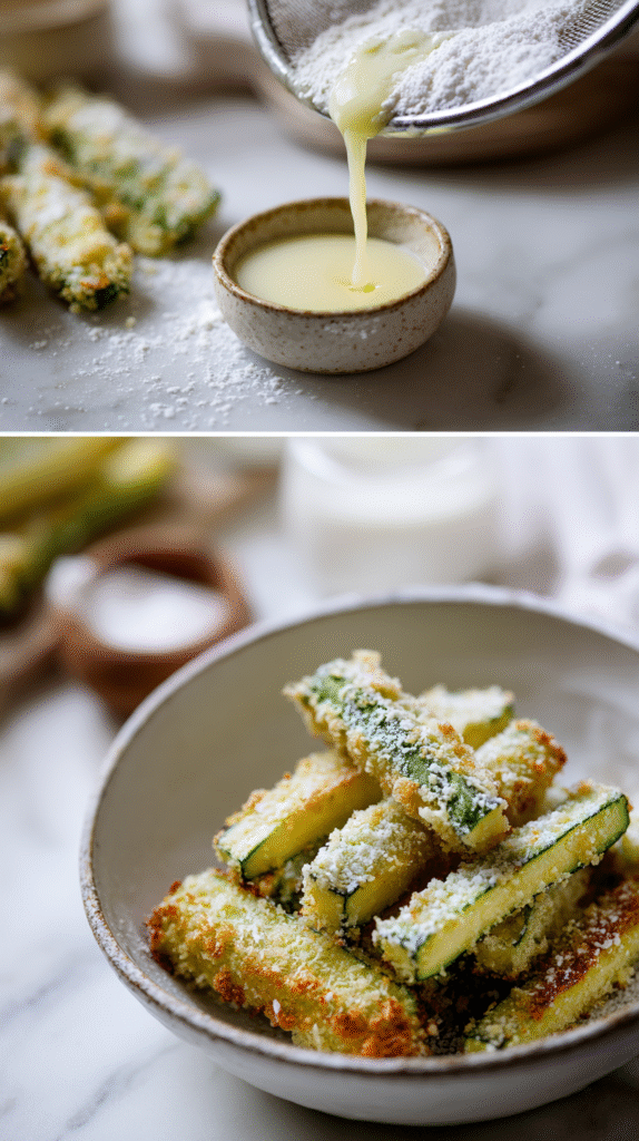 dredging zucchini fries in flour and egg for crispy coating
