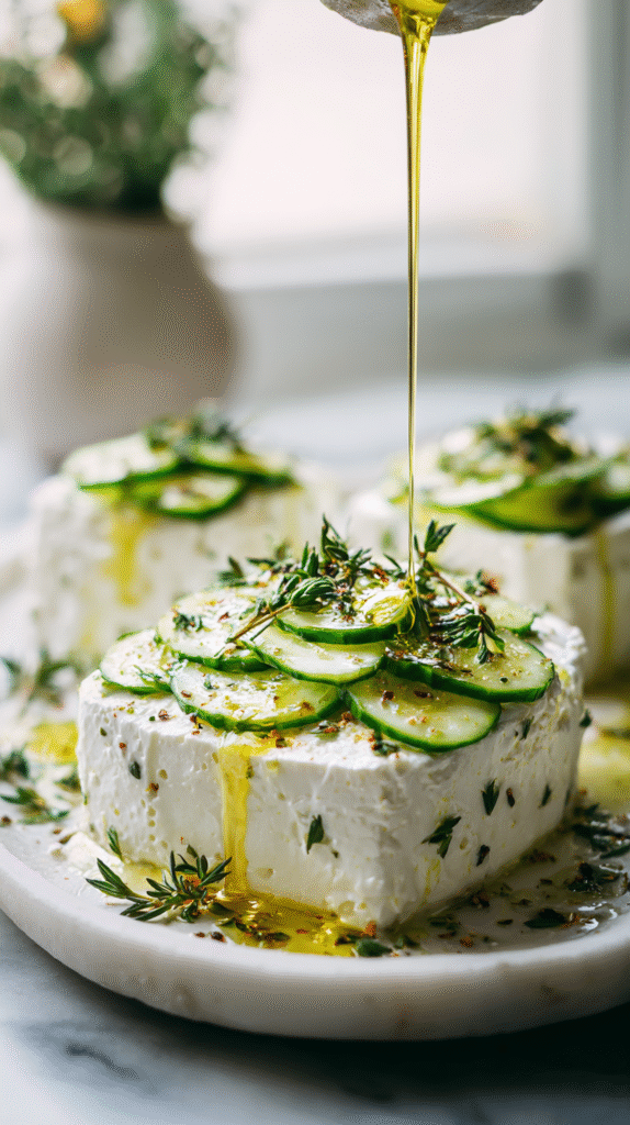 drizzling olive oil over feta and cucumber delight