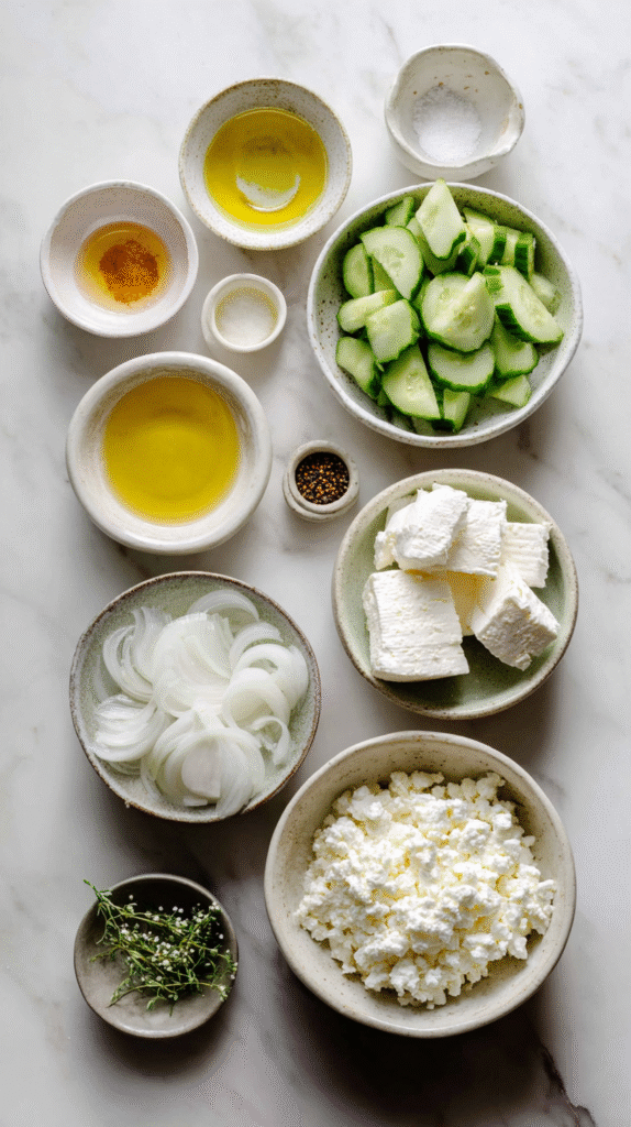 feta and cucumber delight ingredients flat lay