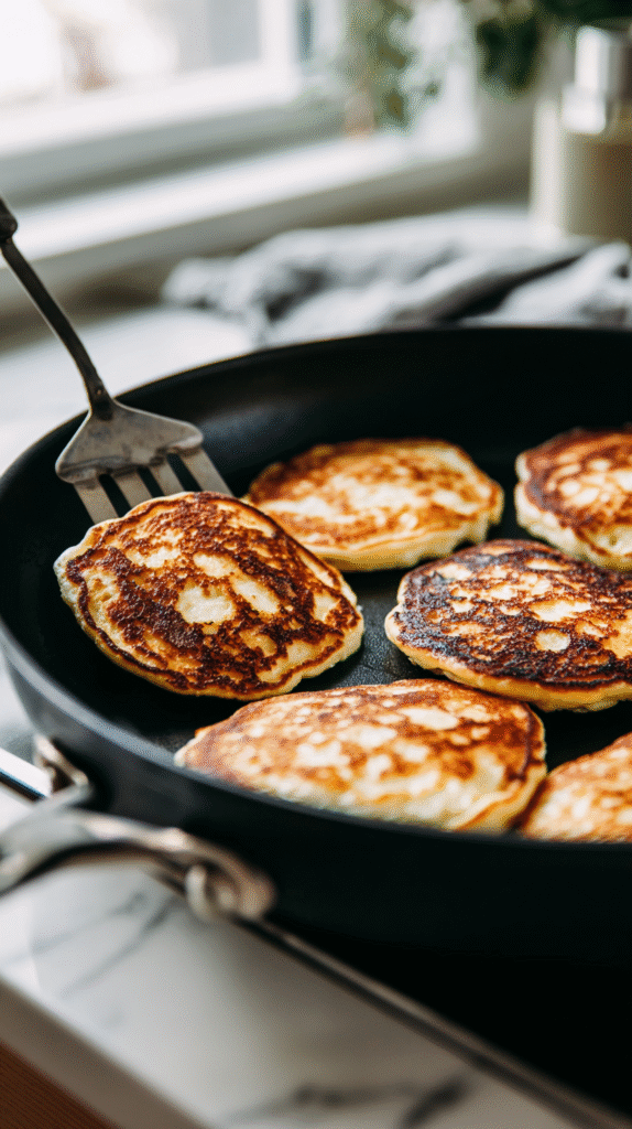 flipping golden cottage cheese pancakes in skillet