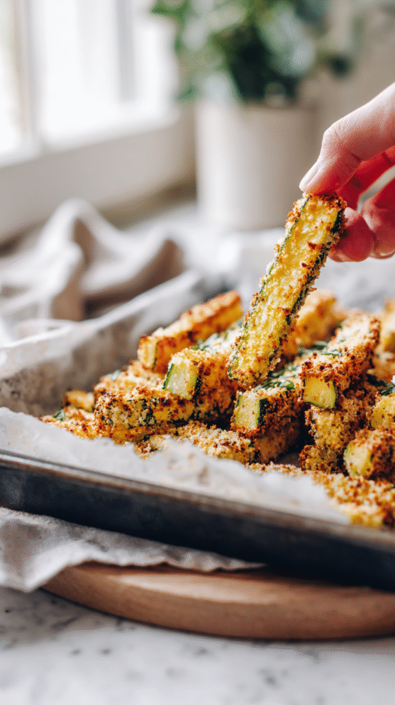 golden baked zucchini fries fresh from oven