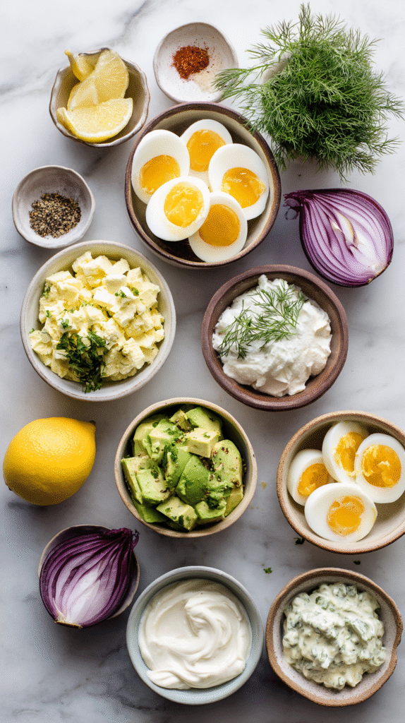 ingredients for creamy avocado twist on classic egg salad