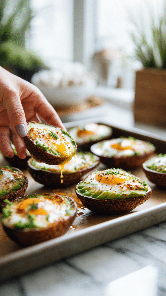 keto avocado egg freshly baked on baking sheet