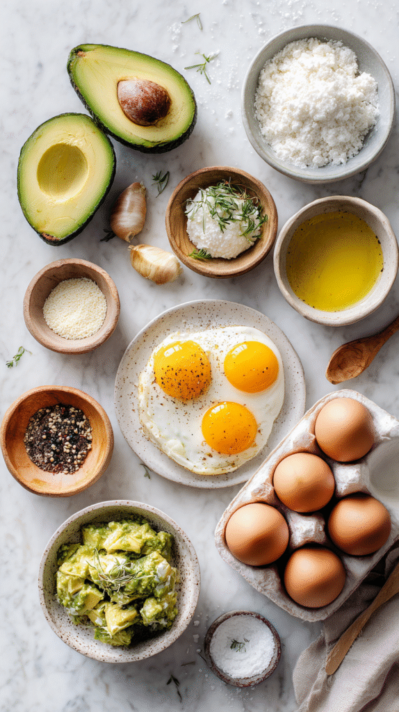keto avocado egg ingredients flat lay with avocado, eggs, and seasonings