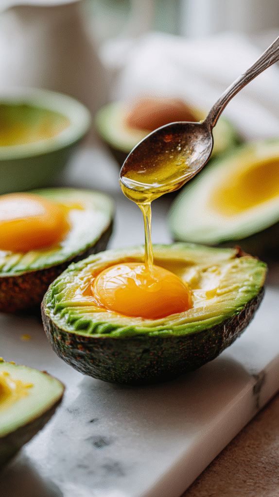 keto avocado egg step cracking raw eggs into avocado halves