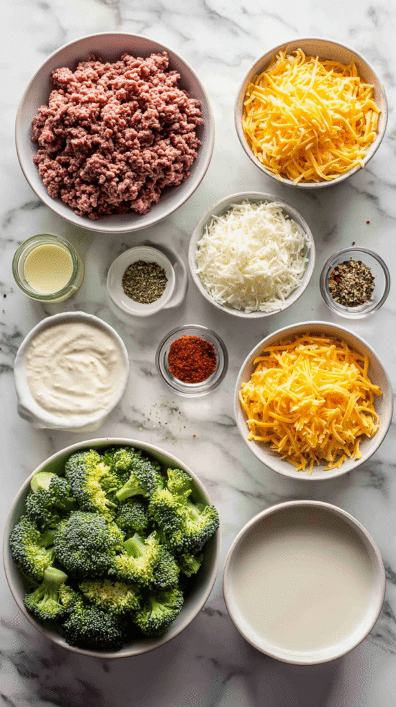 keto hamburger broccoli skillet ingredients flat lay